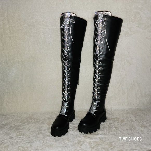 Roscoe Black Combat Thigh High Boots Iridescent Rhinestone Tongue Metallic Laces - Picture 12 of 14